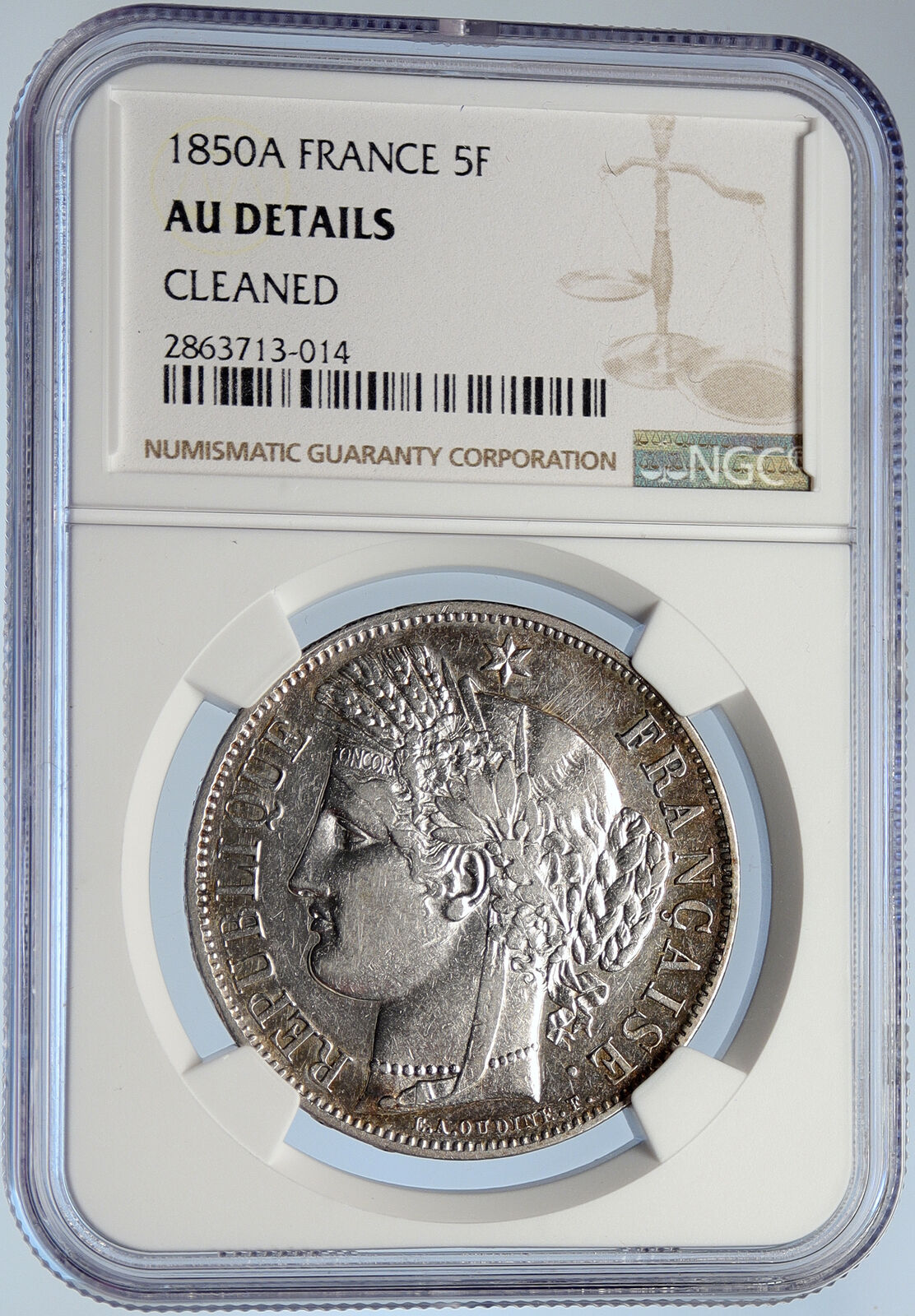 1850 A FRANCE Antique LIBERTY Wreath OLD Silver 5 Franc French Coin NGC i105865