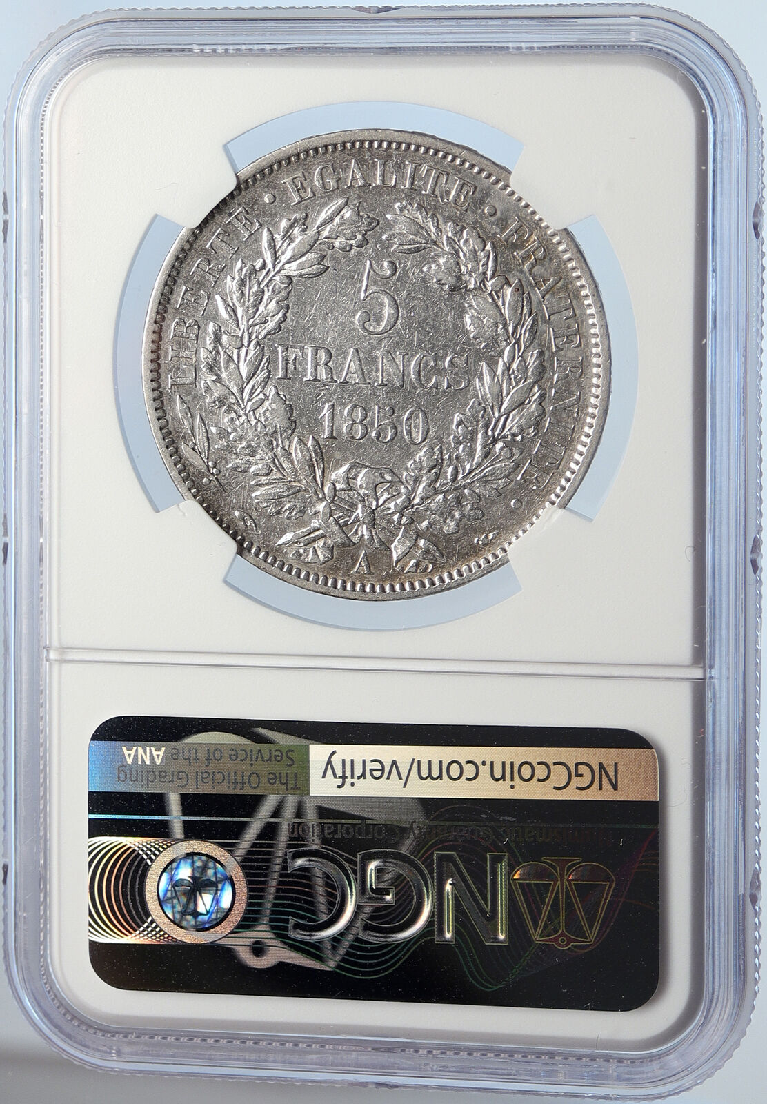 1850 A FRANCE Antique LIBERTY Wreath OLD Silver 5 Franc French Coin NGC i105865