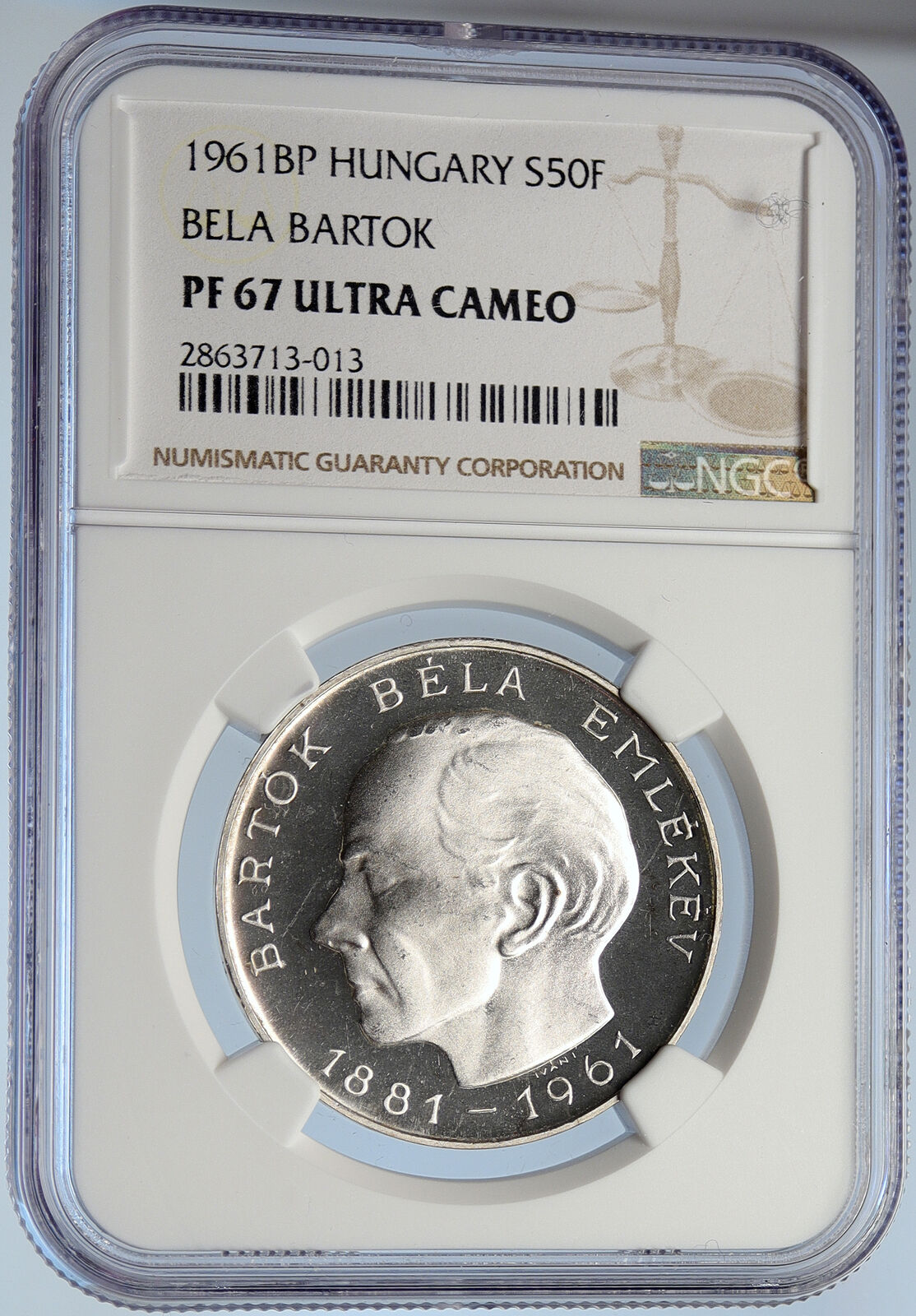 1961 HUNGARY Musician OPERA Bela Bartok Proof Silver 50 Forint Coin NGC i105864