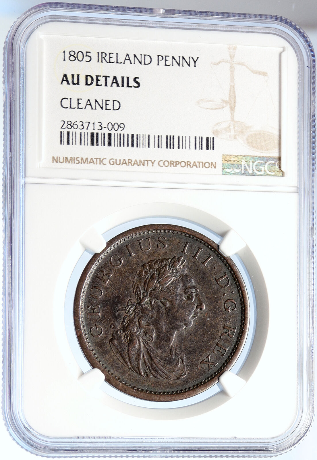 1805 IRELAND UK King George III Antique Lyre VINTAGE OLD Penny Coin NGC i105860