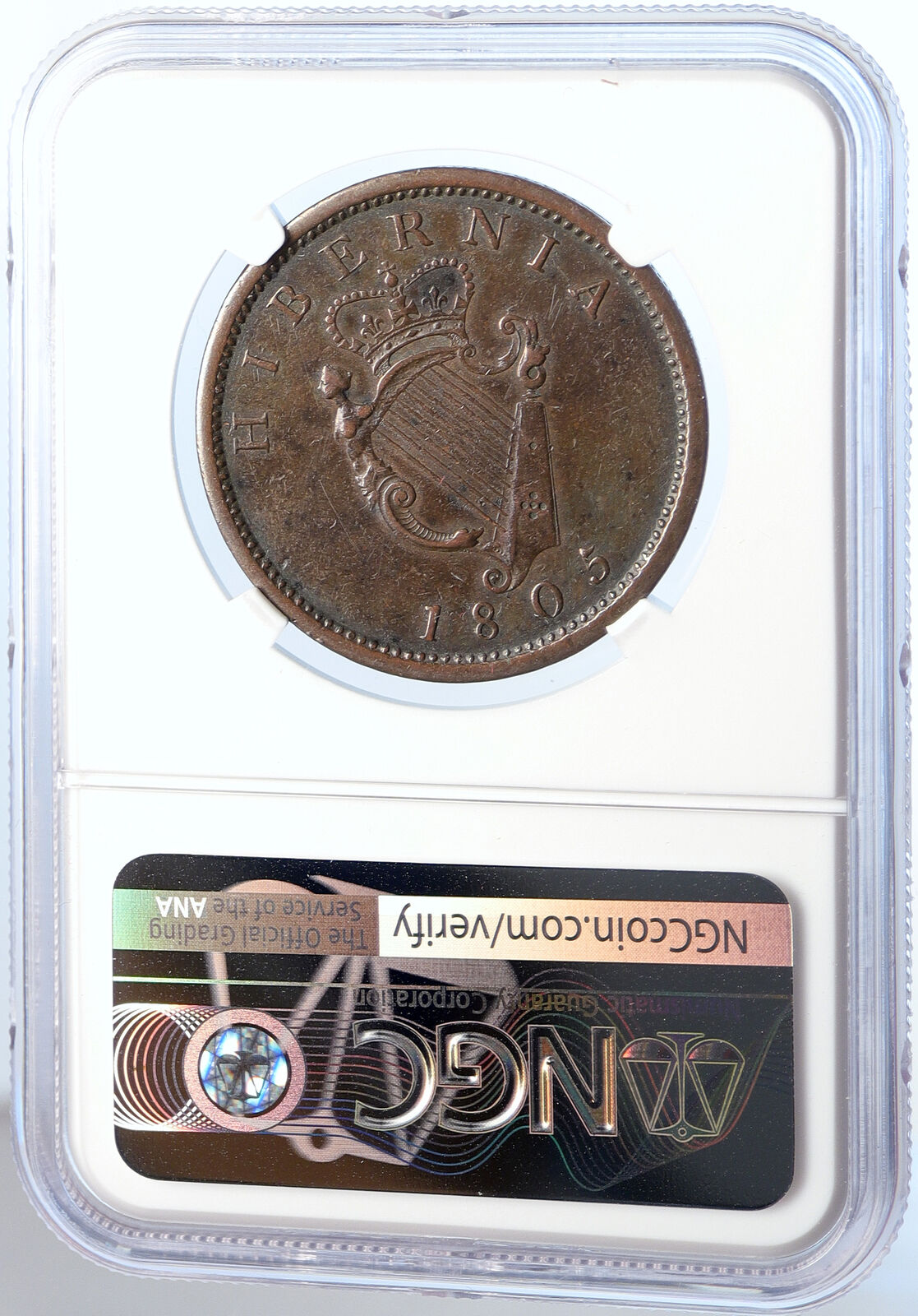 1805 IRELAND UK King George III Antique Lyre VINTAGE OLD Penny Coin NGC i105860