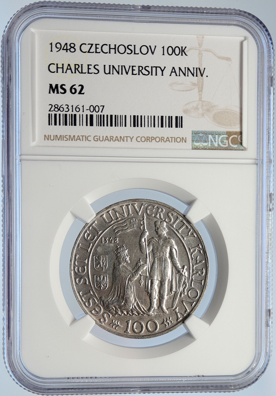 1948 Czechoslovakia - Charles University OLD Silver 100 Korun Coin NGC i105887