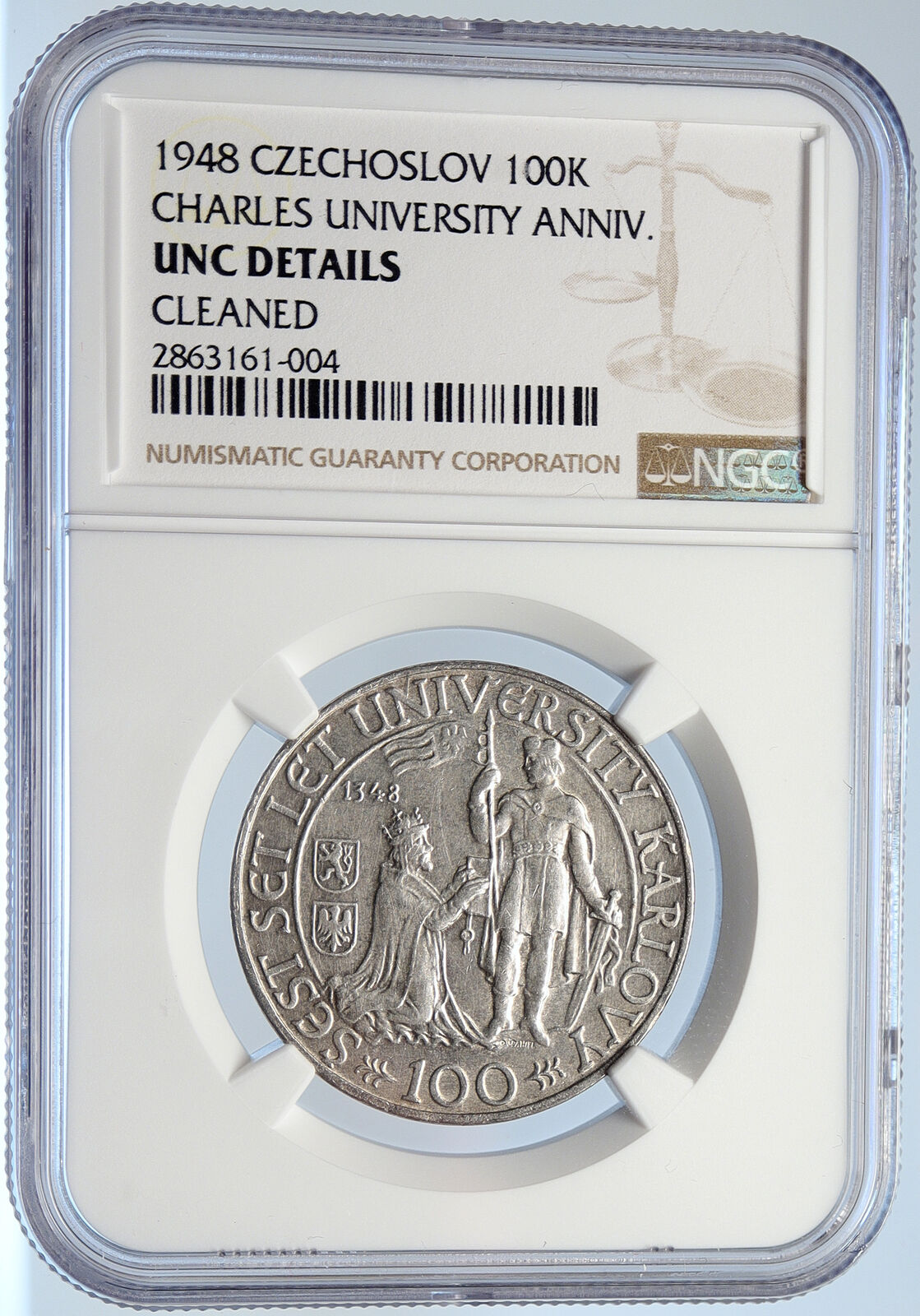 1948 Czechoslovakia - Charles University OLD Silver 100 Korun Coin NGC i105884