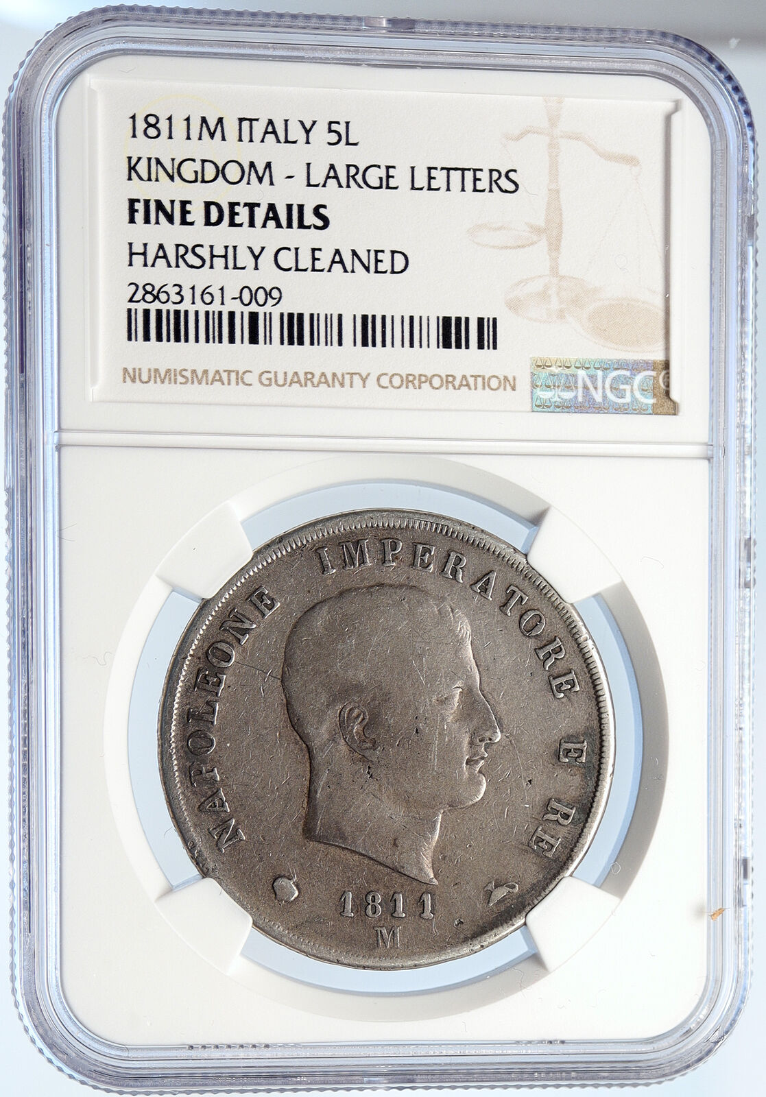 1811M ITALY Italian KINGDOM of NAPOLEON BONAPARTE Silver 5 Lire Coin NGC i105889