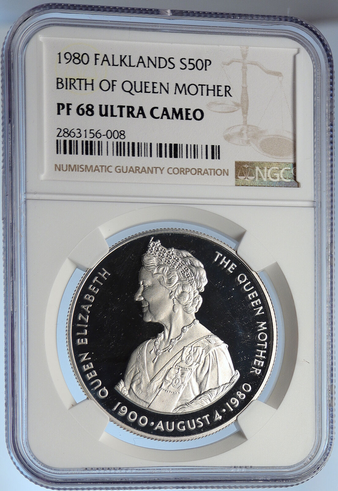 1980 FALKLAND ISLANDS Elizabeth II 80th Y Proof Silver 50 Pence Coin NGC i105874