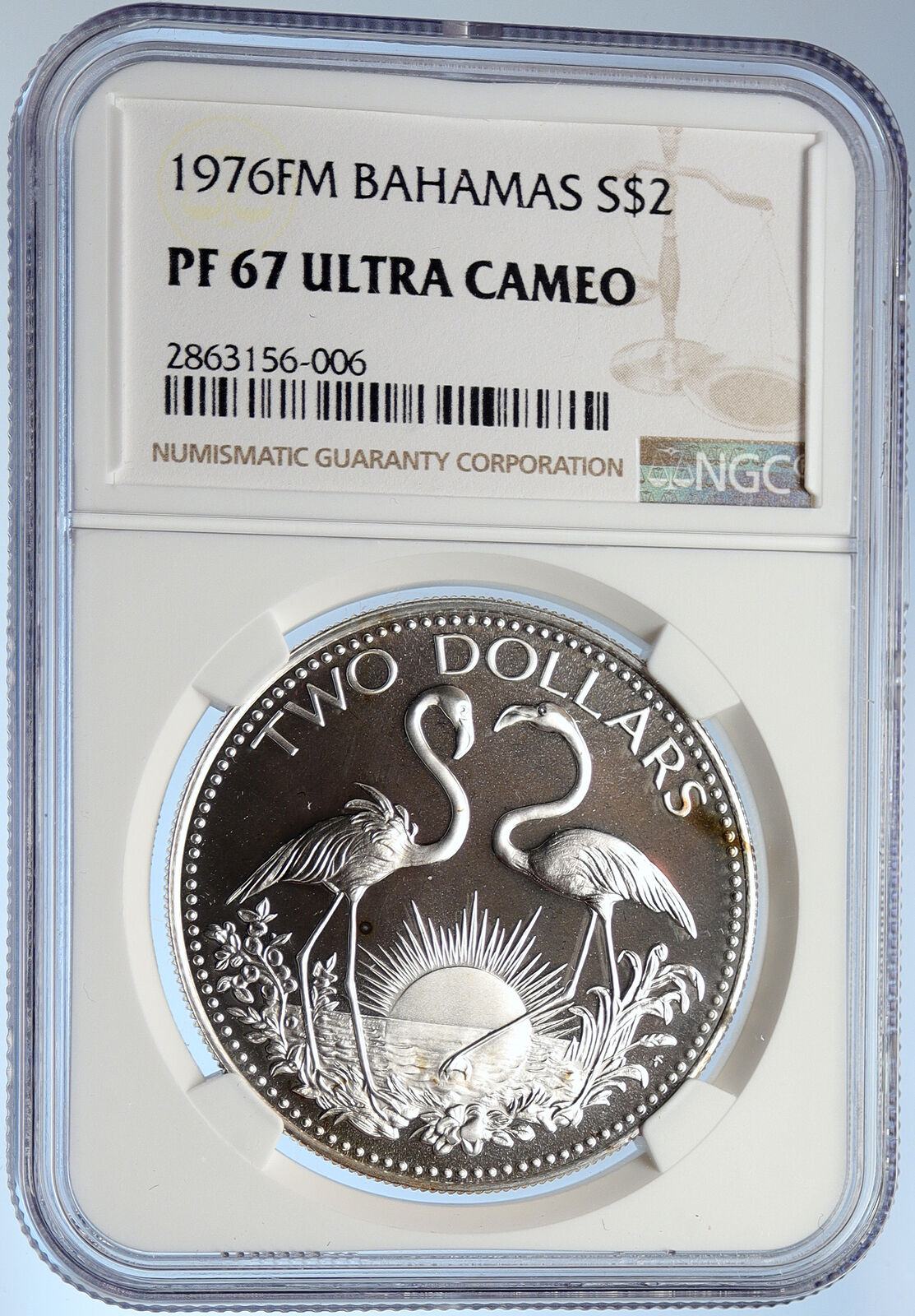 1976 The BAHAMAS Islands TWO FLAMINGOS Vintage Proof Silver $2 Coin NGC i105872