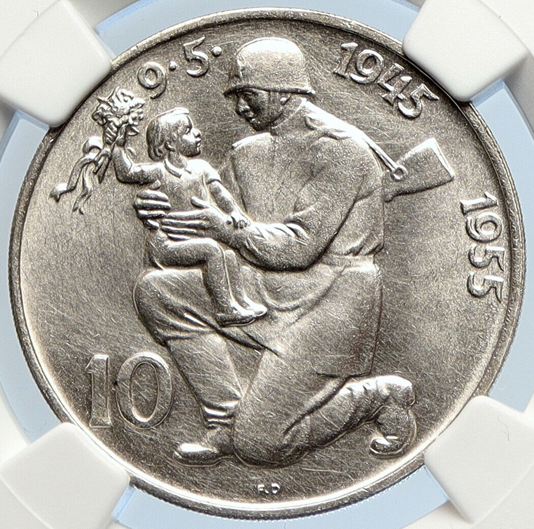 1955 CZECHOSLOVAKIA Soldier & Family LIBERATION Silver 10 Korun Coin NGC i105892