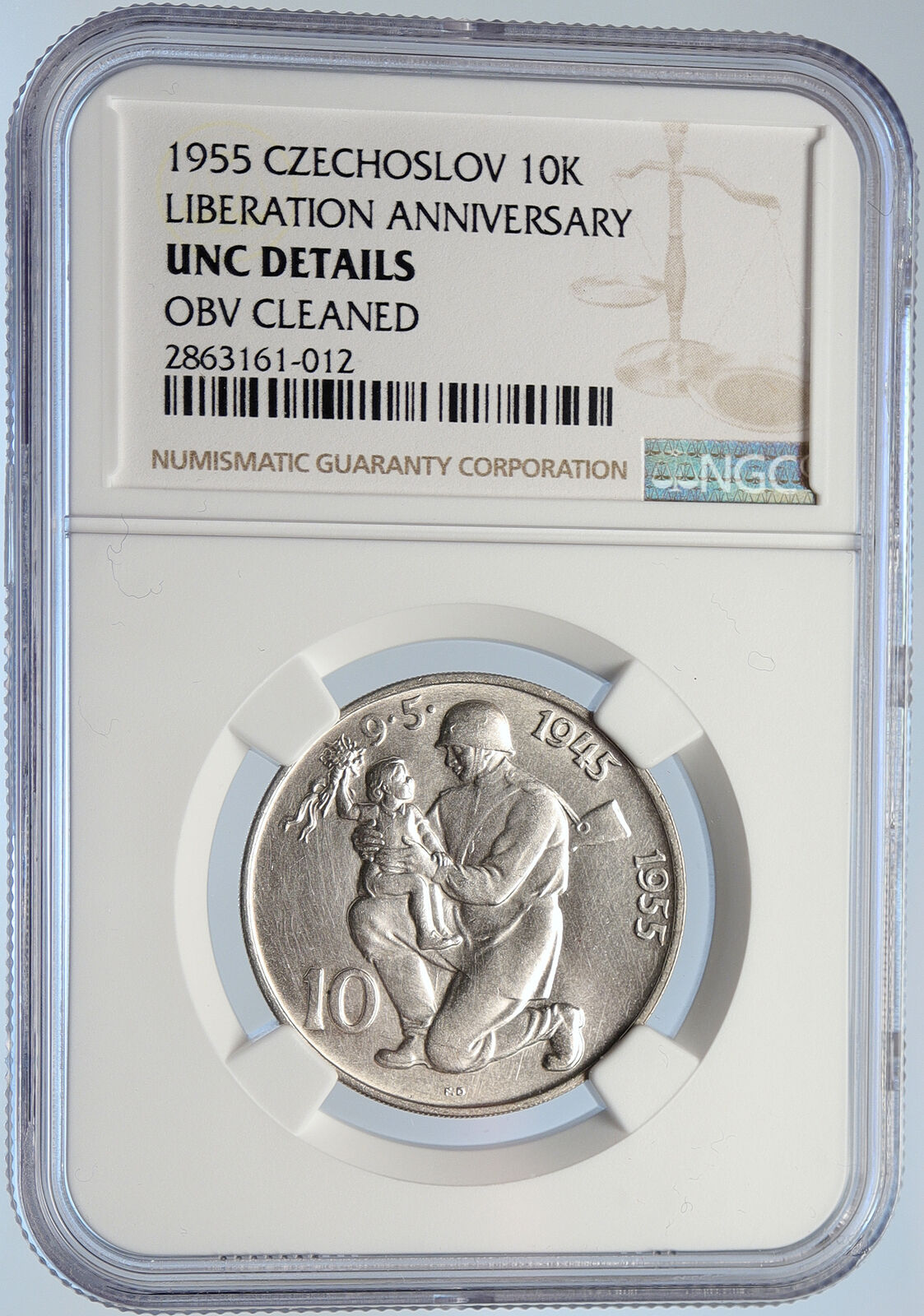 1955 CZECHOSLOVAKIA Soldier & Family LIBERATION Silver 10 Korun Coin NGC i105892