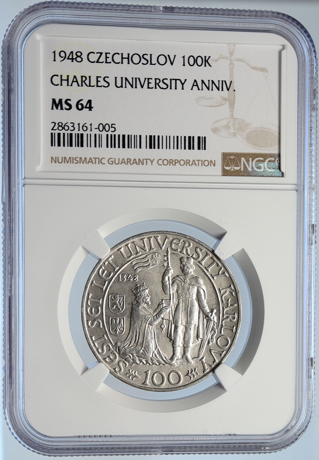 1948 Czechoslovakia - Charles University OLD Silver 100 Korun Coin NGC i105885