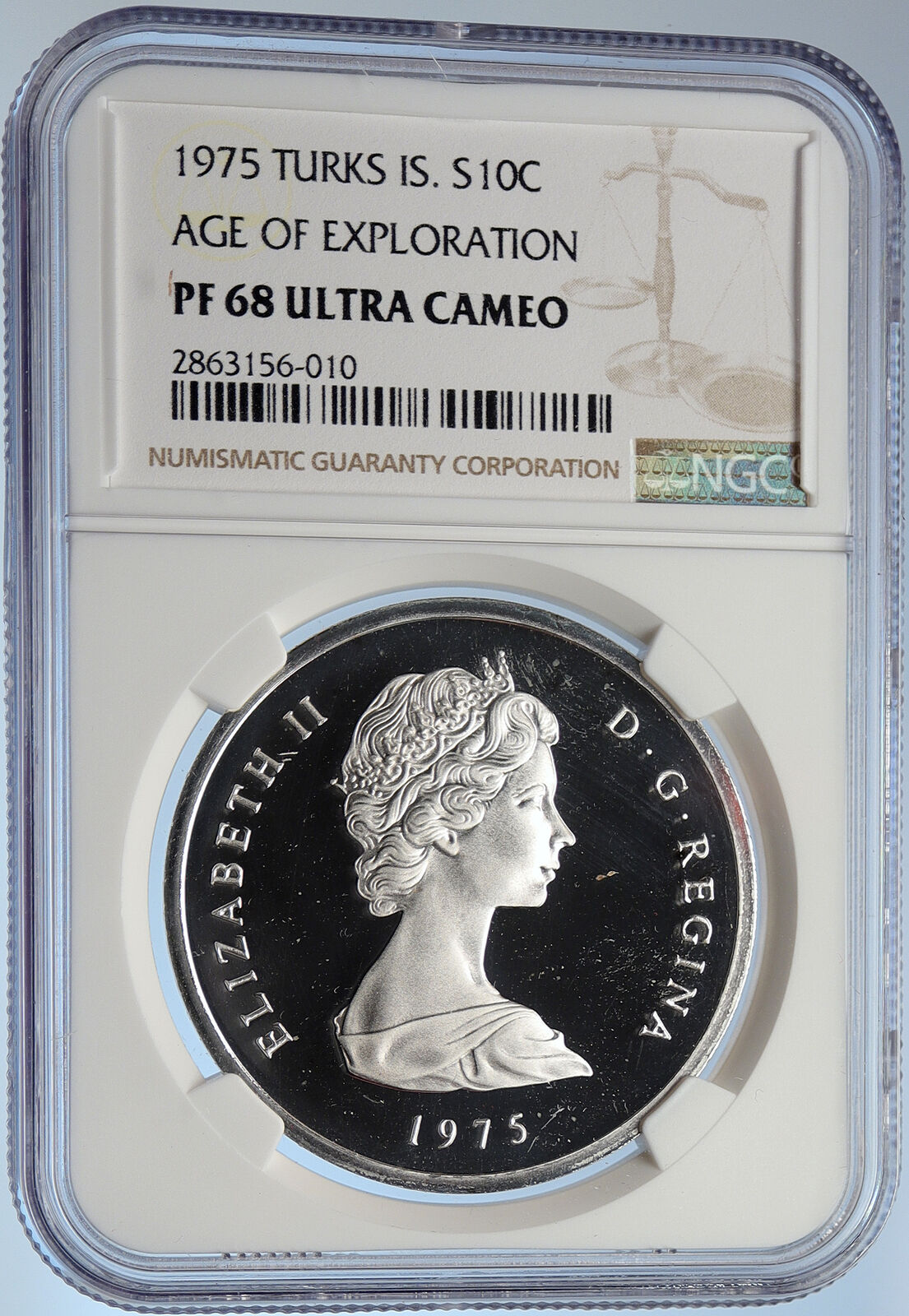 1975 TURKS AND CAICOS Old AGE OF EXPLORATION Silver 10 Crown Coin NGC i105876