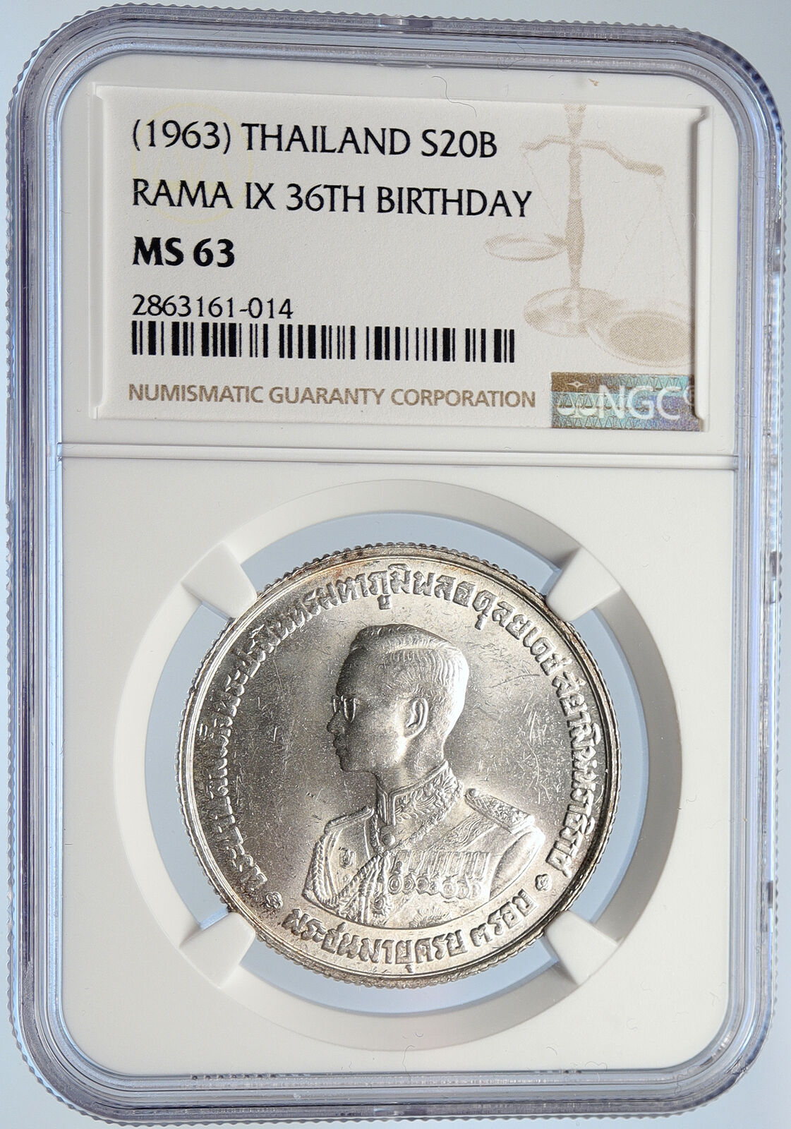 1963 THAILAND King Rama IX Crown Scepter VINTAGE Silver 20 BAHT Coin NGC i105894