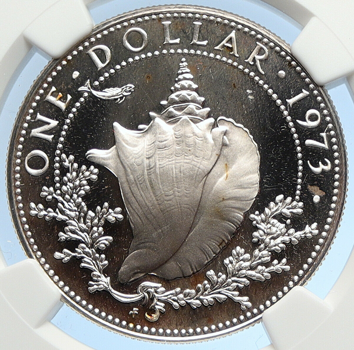 1973 BAHAMAS Queen Elizabeth II CONCH SHELL Proof Silver Dollar Coin NGC i105871