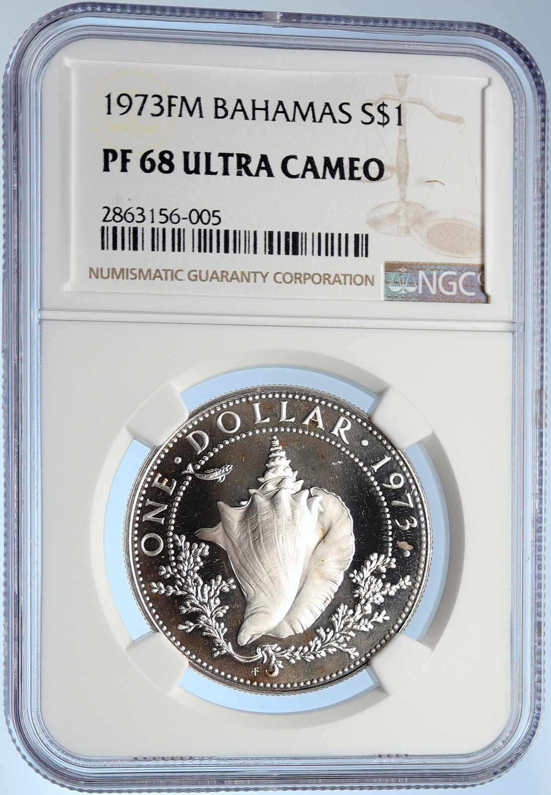 1973 BAHAMAS Queen Elizabeth II CONCH SHELL Proof Silver Dollar Coin NGC i105871