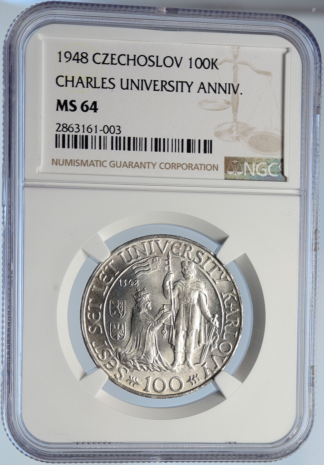 1948 Czechoslovakia - Charles University OLD Silver 100 Korun Coin NGC i105883