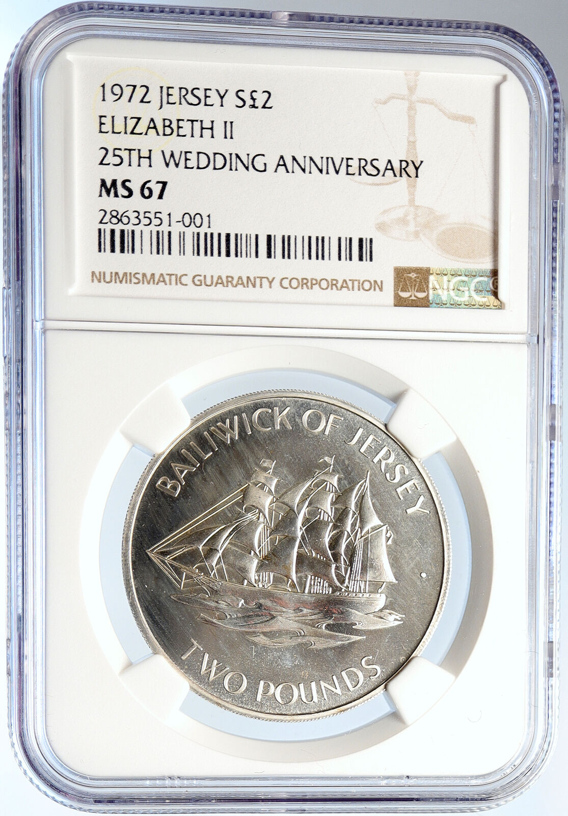 1972 JERSEY UK Queen Elizabeth Philip Wedding SHIP Silver 2 P Coin NGC i105896