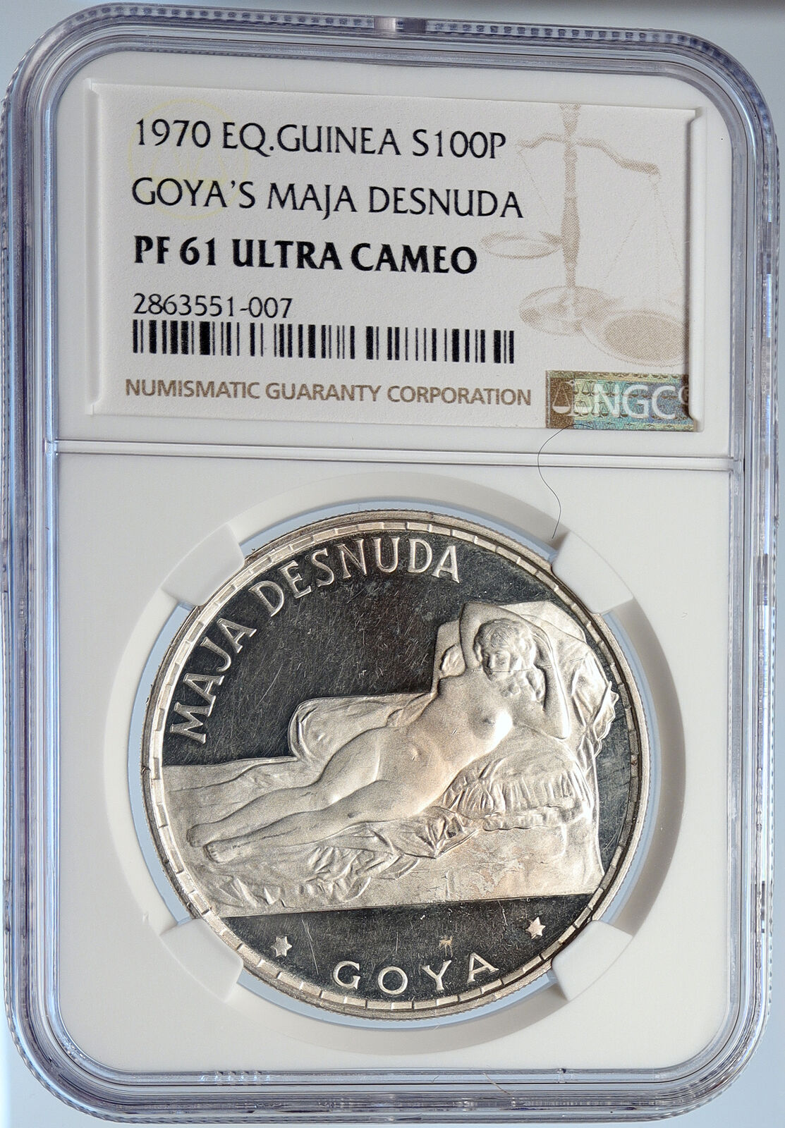 1970 EQUATORIAL GUINEA Goya Maja Desnuda Proof Silver 100Peseta Coin NGC i105902