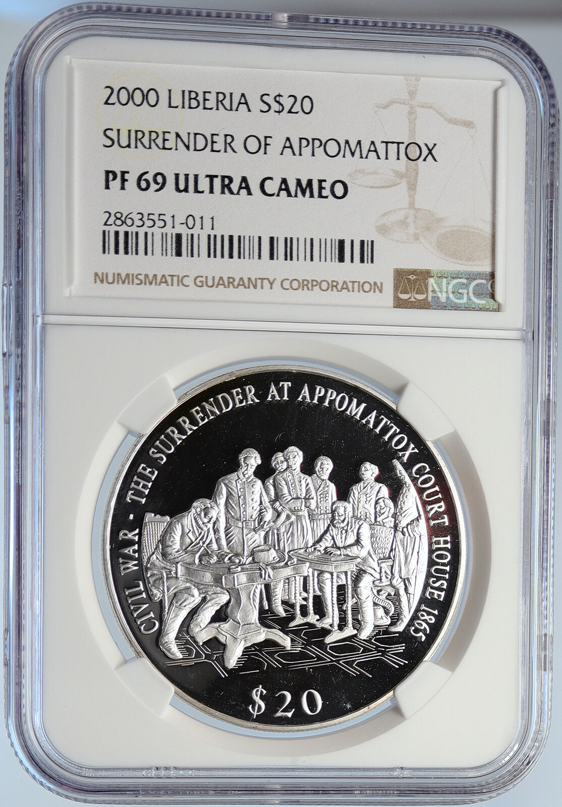 2000 LIBERIA Civil WAR Surrender of Appomattox Proof Silver $20 Coin NGC i105906