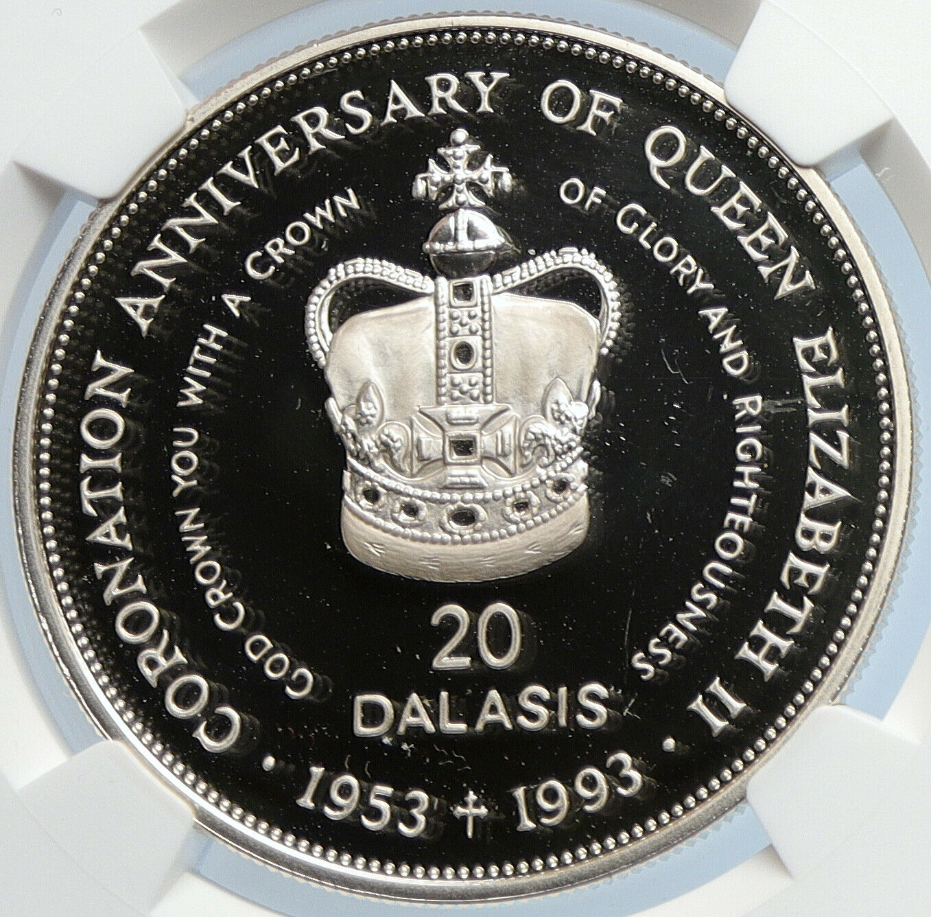 1993 GAMBIA Elizabeth II Coronation OLD Proof Silver 20 Dalasis Coin NGC i105908