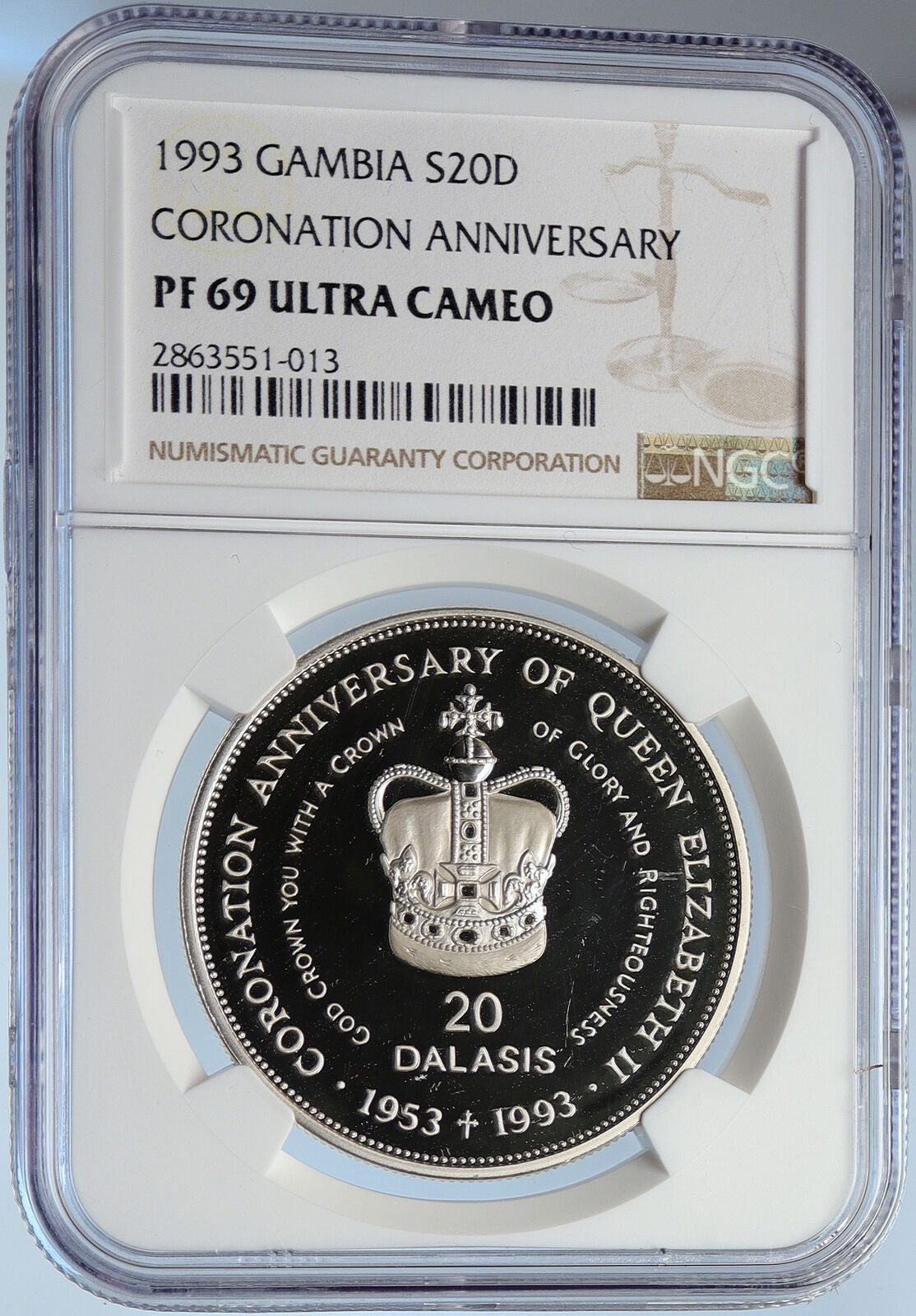 1993 GAMBIA Elizabeth II Coronation OLD Proof Silver 20 Dalasis Coin NGC i105908