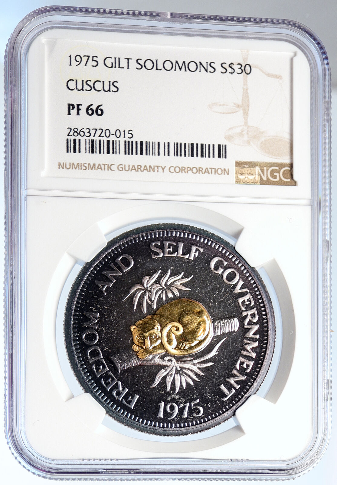 1975 SOLOMON ISLANDS Elizabeth II CUSCUS Proof Gilt Silver $30 Coin NGC i105925