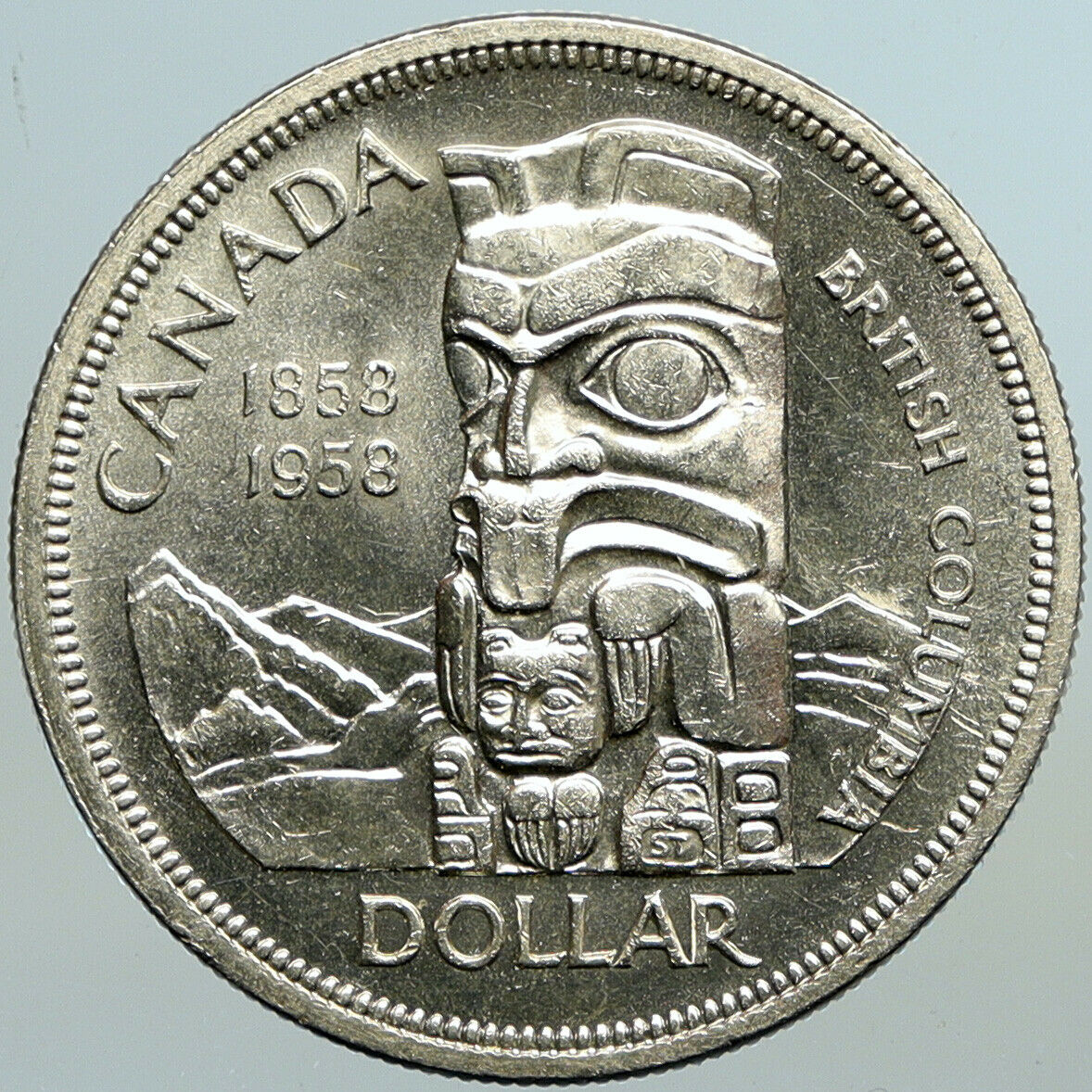 1958 CANADA British Columbia Centennial Totem Pole Large OLD Silver Coin i101259