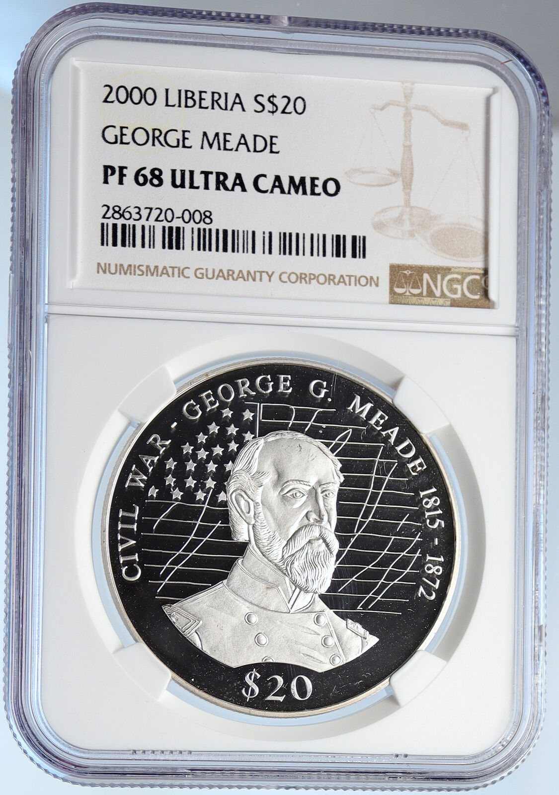 2000 LIBERIA US Army GENERAL George Meade OLD Proof Silver $20 Coin NGC i105918