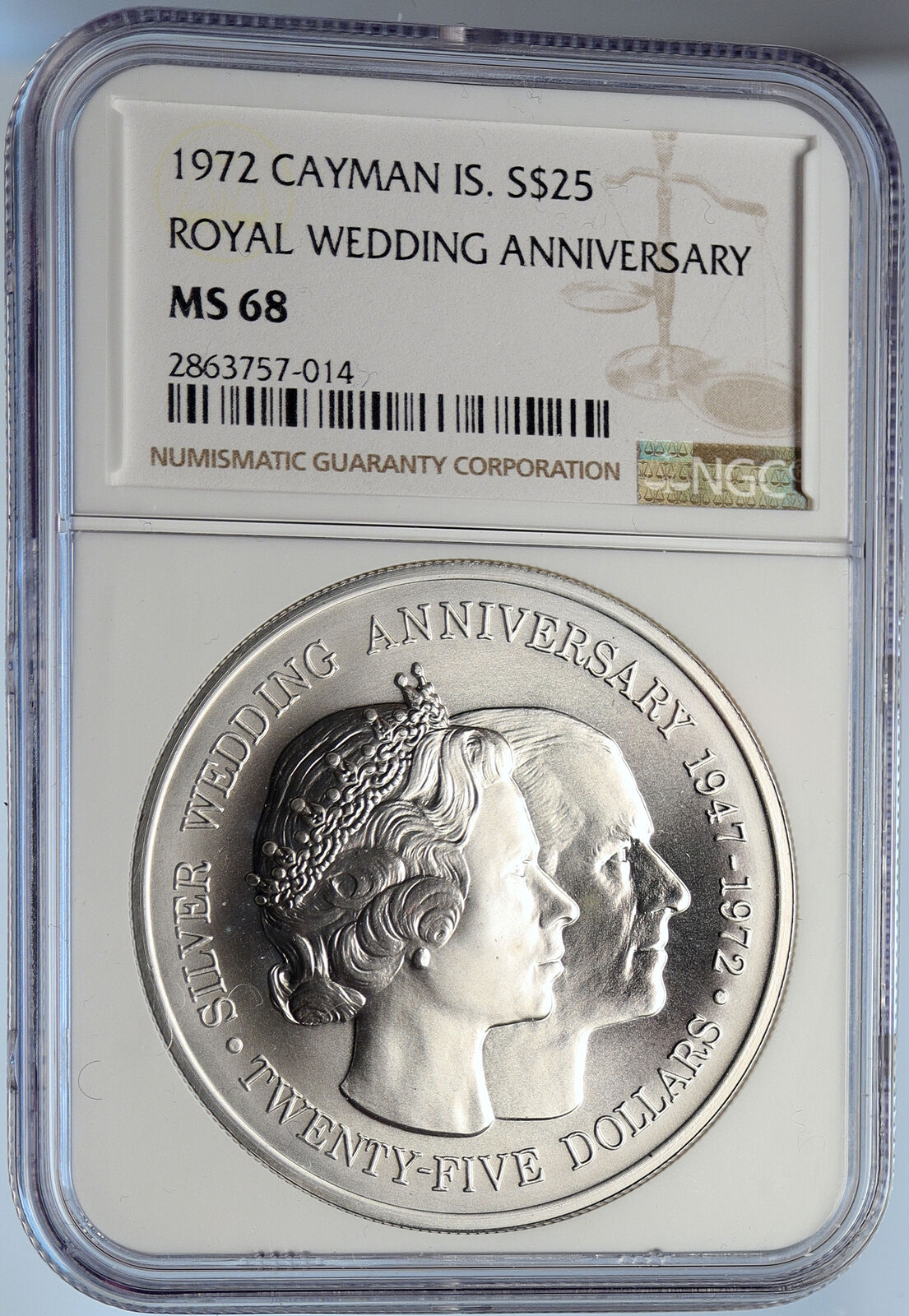 1972 CAYMAN ISLANDS UK Queen Elizabeth II BU Silver Wedding $25 Coin NGC i105959