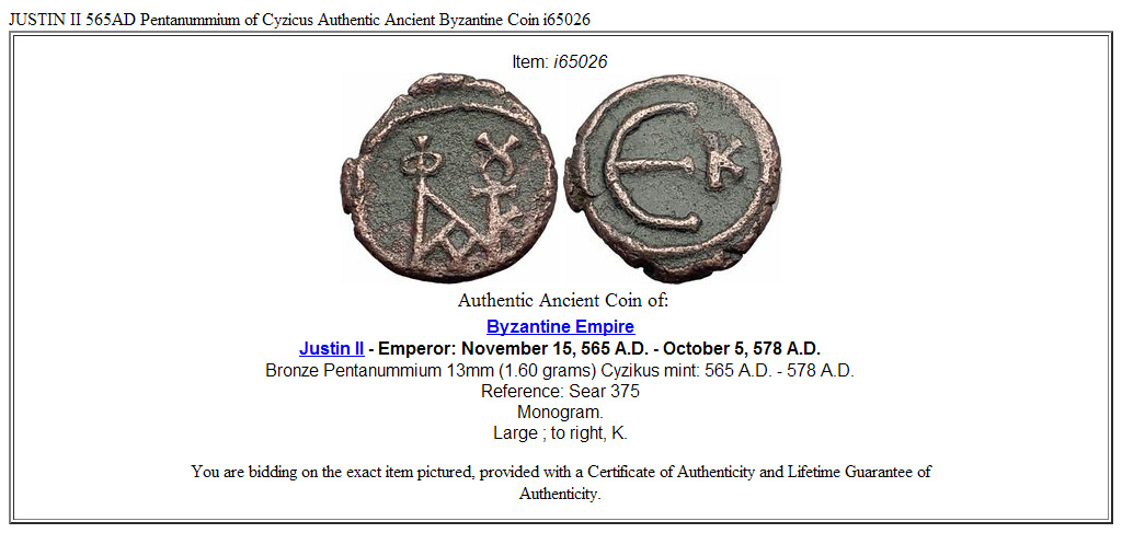 JUSTIN II 565AD Pentanummium of Cyzicus Authentic Ancient Byzantine Coin i65026
