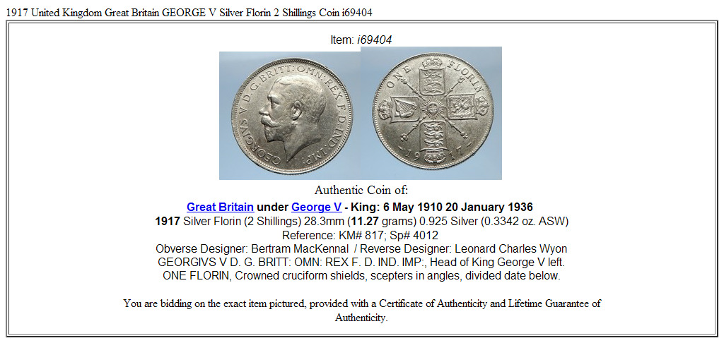 1917 United Kingdom Great Britain GEORGE V Silver Florin 2 Shillings Coin i69404