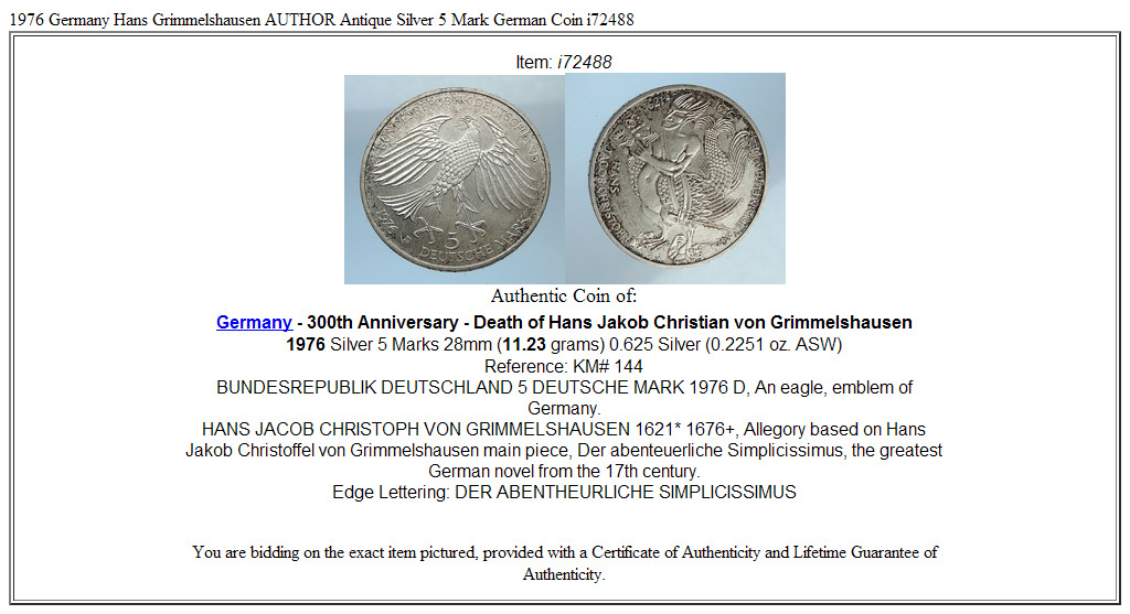 1976 Germany Hans Grimmelshausen AUTHOR Antique Silver 5 Mark German Coin i72488