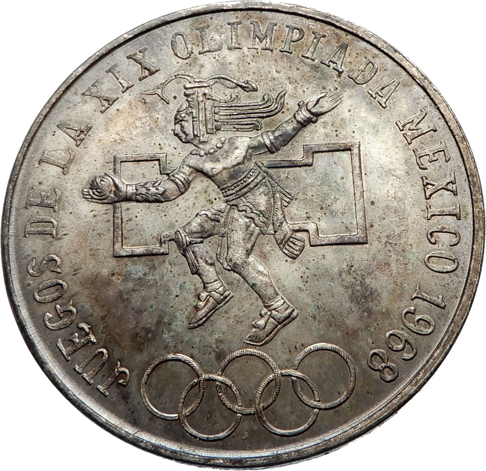 1968 Mexico XIX Olympic Games Aztec Ball Player BIG 25 Pesos Silver Coin i72021