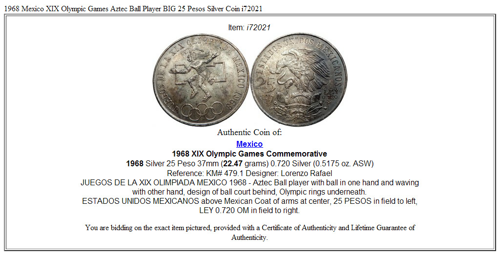 1968 Mexico XIX Olympic Games Aztec Ball Player BIG 25 Pesos Silver Coin i72021