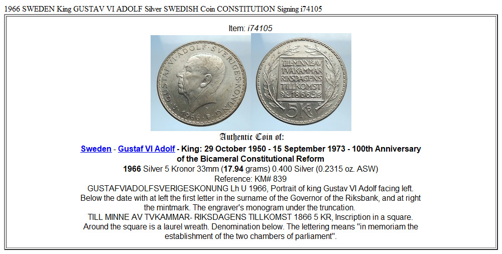 1966 SWEDEN King GUSTAV VI ADOLF Silver SWEDISH Coin CONSTITUTION Signing i74105