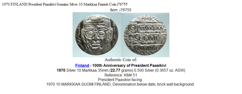 1970 FINLAND President Paasikivi Genuine Silver 10 Markkaa Finnish Coin i76755