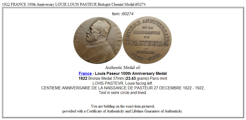 1922 FRANCE 100th Anniversary LOUIE LOUIS PASTEUR Biologist Chemist Medal i80274