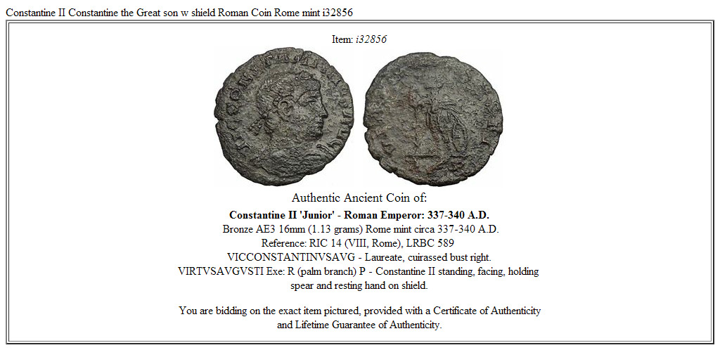 Constantine II Constantine the Great son w shield Roman Coin Rome mint i32856