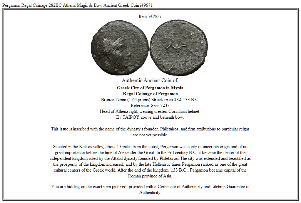 Pergamon Regal Coinage 282BC Athena Magic & Bow Ancient Greek Coin i49671