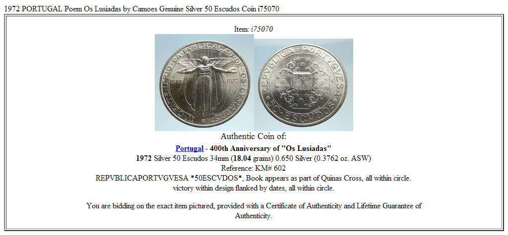 1972 PORTUGAL Poem Os Lusiadas by Camoes Genuine Silver 50 Escudos Coin i75070