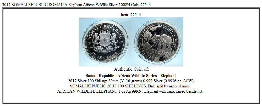 2017 SOMALI REPUBLIC SOMALIA Elephant African Wildlife Silver 100Shl Coin i77543