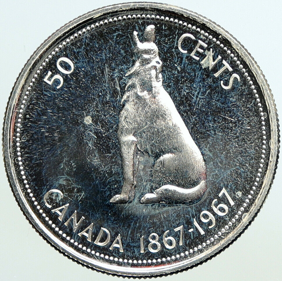 1967 CANADA Queen ELIZABETH II Wolf Howls Vintage Silver 50 Cents Coin i101263