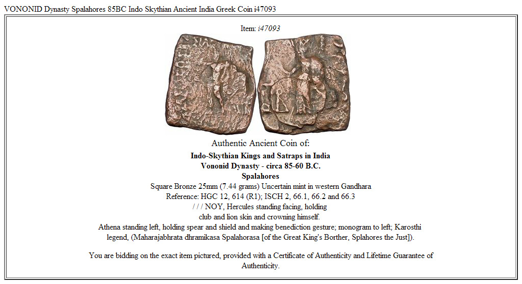 VONONID Dynasty Spalahores 85BC Indo Skythian Ancient India Greek Coin i47093