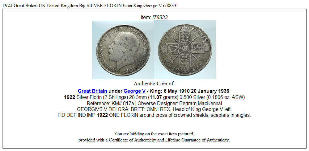 1922 Great Britain UK United Kingdom Big SILVER FLORIN Coin King George V i78833