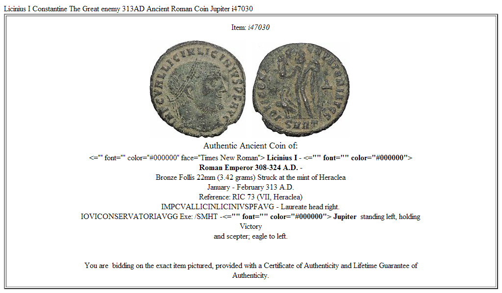 Licinius I Constantine The Great enemy 313AD Ancient Roman Coin Jupiter i47030