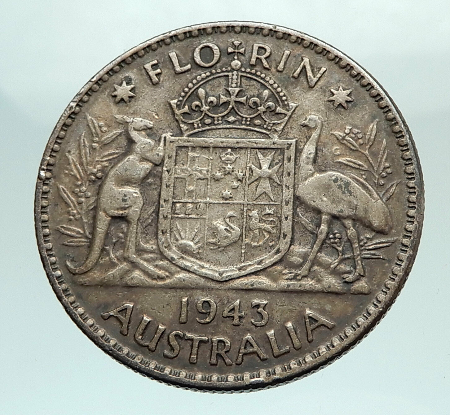 1943 AUSTRALIA Large King George VI Kangaroos Antique Silver Florin Coin i74482