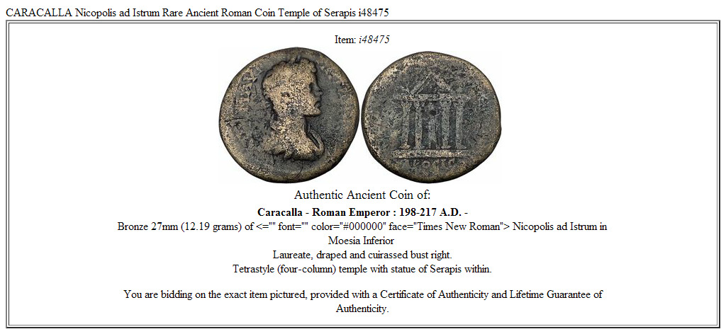 CARACALLA Nicopolis ad Istrum Rare Ancient Roman Coin Temple of Serapis i48475