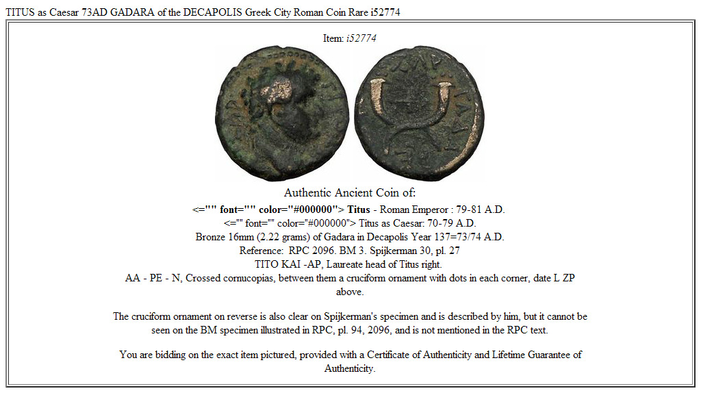 TITUS as Caesar 73AD GADARA of the DECAPOLIS Greek City Roman Coin Rare i52774