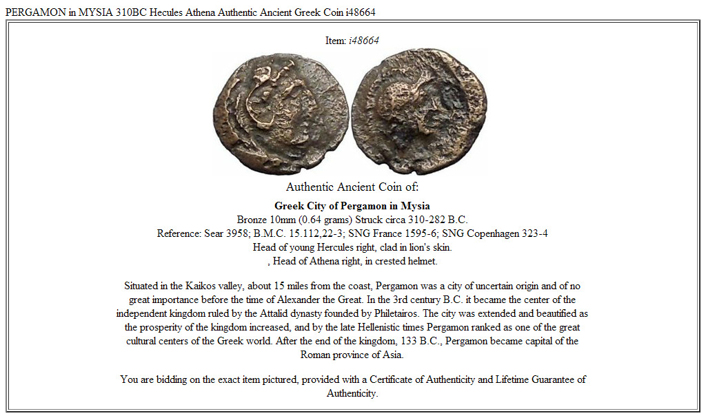 PERGAMON in MYSIA 310BC Hecules Athena Authentic Ancient Greek Coin i48664