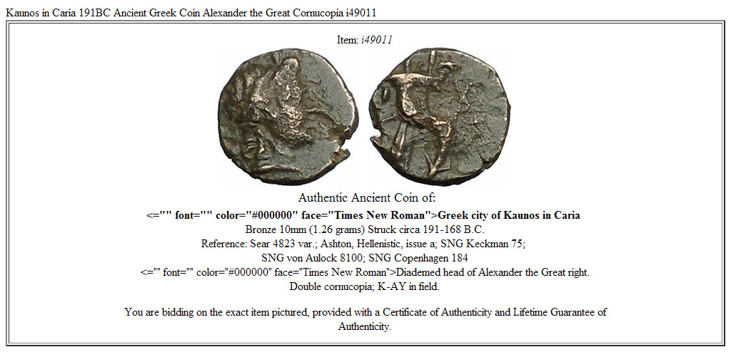 Kaunos in Caria 191BC Ancient Greek Coin Alexander the Great Cornucopia i49011