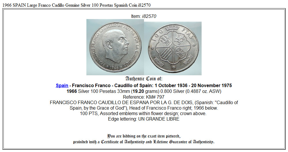 1966 SPAIN Large Franco Cadillo Genuine Silver 100 Pesetas Spanish Coin i82570