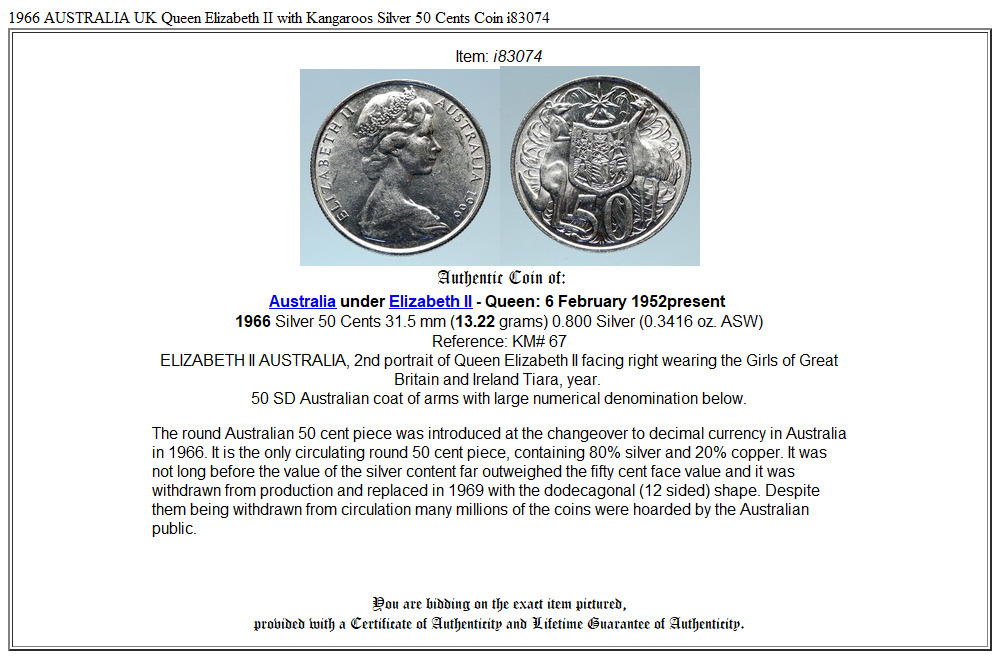 1966 AUSTRALIA UK Queen Elizabeth II with Kangaroos Silver 50 Cents Coin i83074